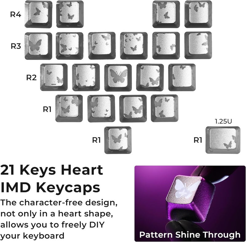 HITIME XVX Butterfly Shine Through Keycaps, Love Theme Cute Custom Keycaps, Blank OEM Profile IMD Translucent Keycap, Anime Style, for MX Switches Mechanical Keyboard, Silver（Only 21 Keys - Image 4